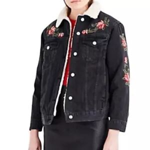 Topshop Denim Trucker Jacket Womens Sherpa, Embroidered Roses. Size 8